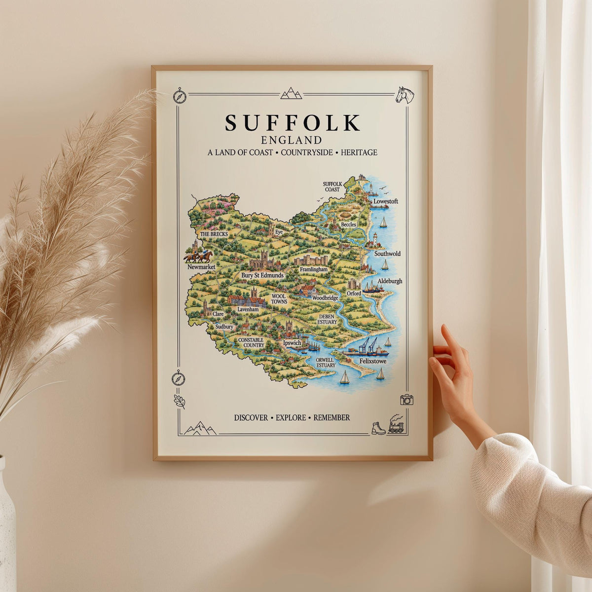 Suffolk Illustrated Map Print, England Wall Art, Suffolk Coast Map Poster, Framed or Canvas Print, Suffolk Gift