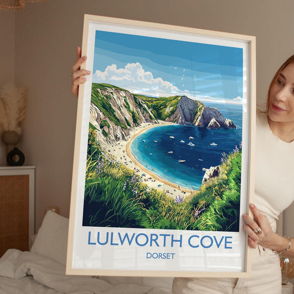 Lulworth Cove Travel Print, Travel Poster of Lulworth Cove, England, Dorset Coast Art, Dorset Gift, Wall Art Print