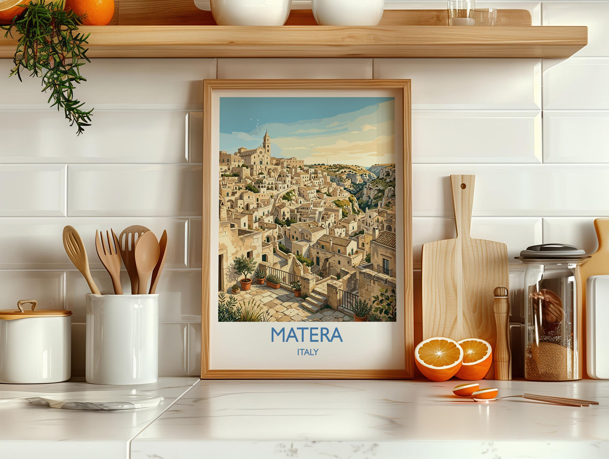 Matera Italy Print, Sassi di Matera Wall Art with Border, Basilicata Poster, Italian Cave City Print, Matera Gift Print