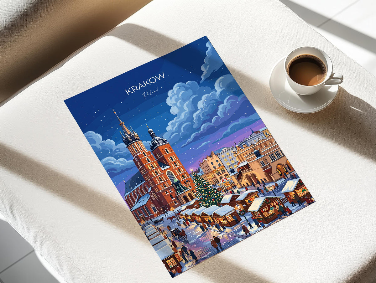Krakow Christmas Market Poster, Poland Winter Wall Art, St Mary’s Basilica Print, Festive Travel Poster, Krakow Gift