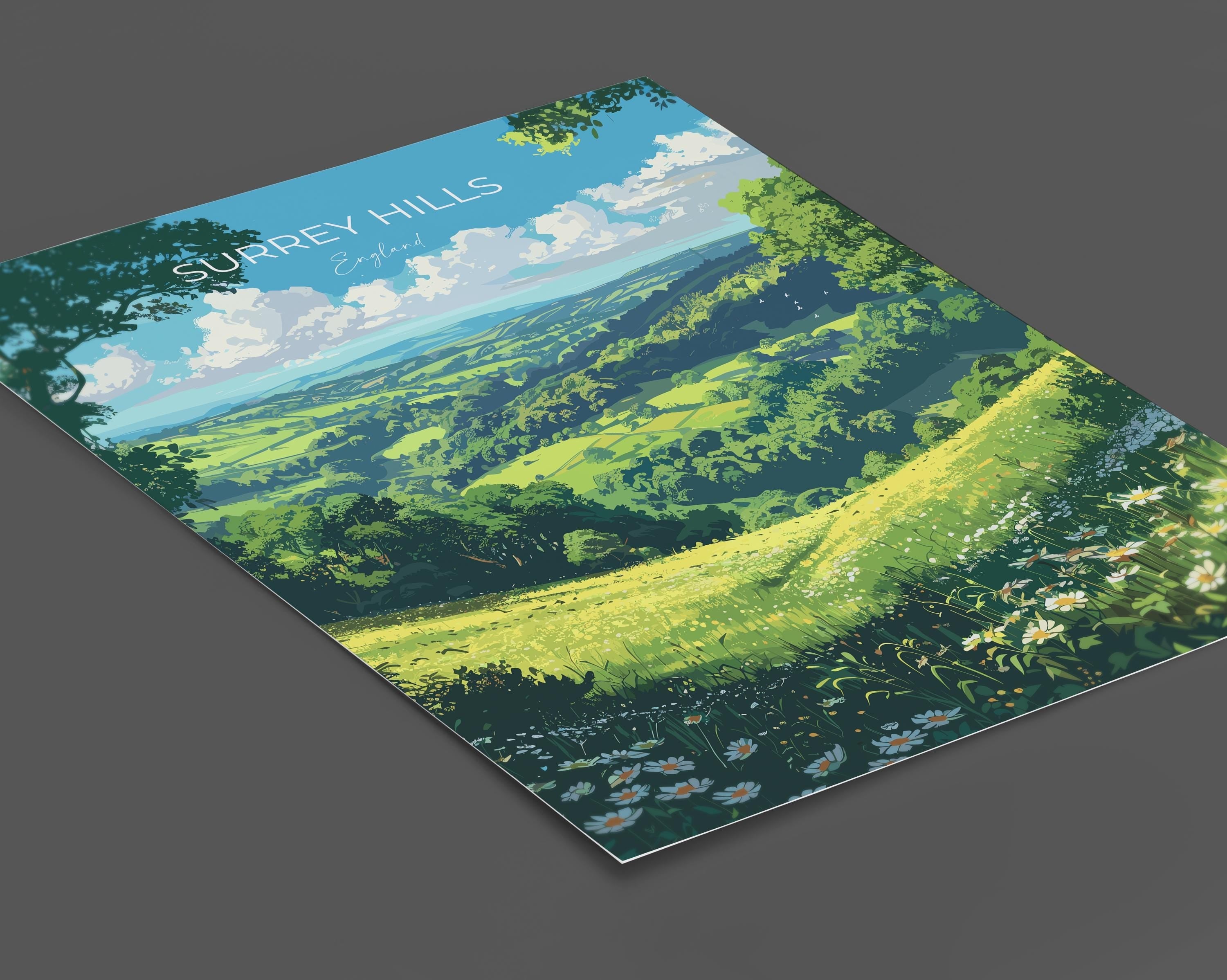 Surrey Hills Travel Print Wall Art, Surrey Hills Travel Poster, English Countryside Art Gift, Wall Art Print NQ Media Designs