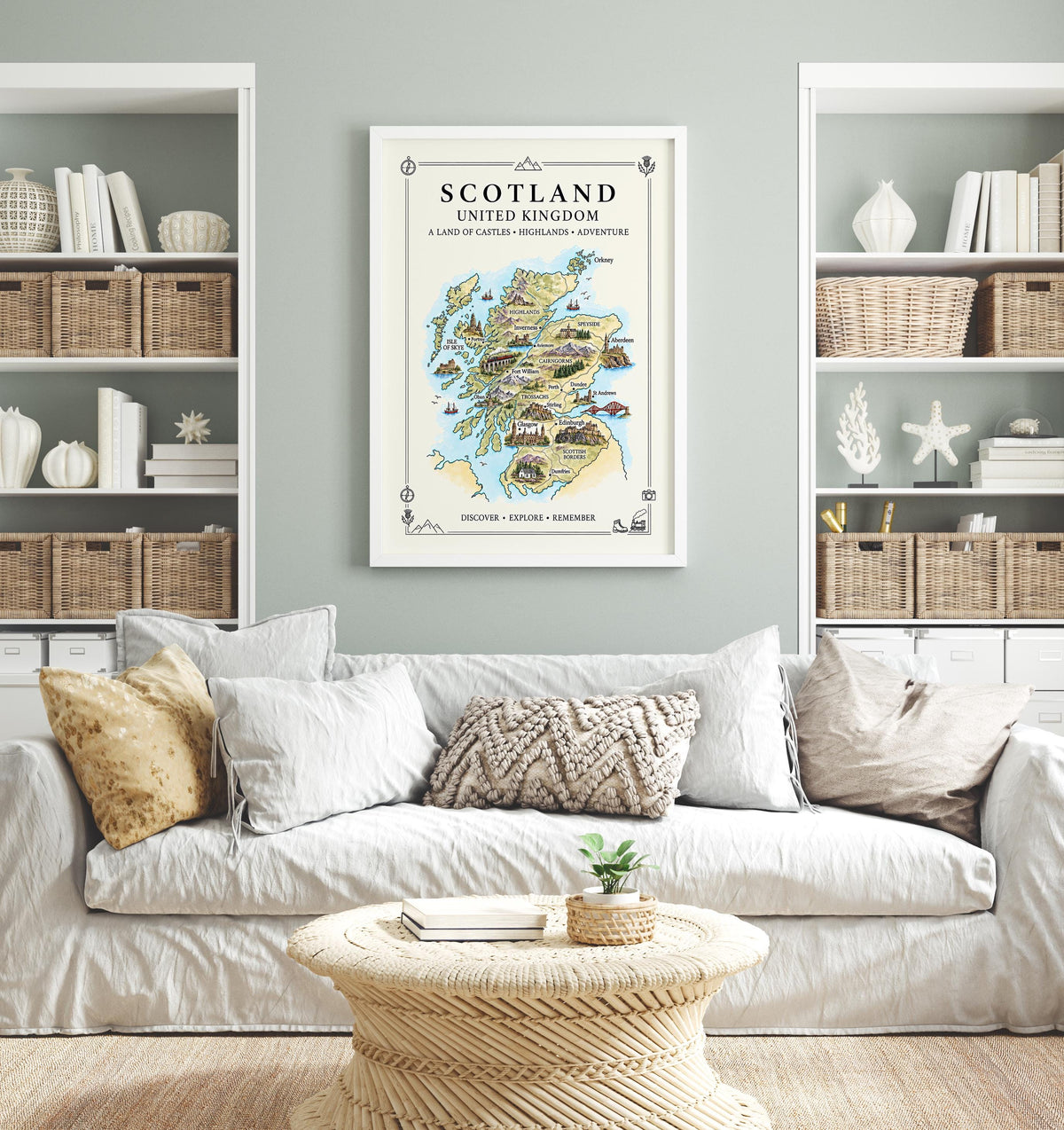 Scotland Illustrated Map Print, UK Wall Art, Highlands Map Poster, Framed or Canvas Print, Scotland Gift Print