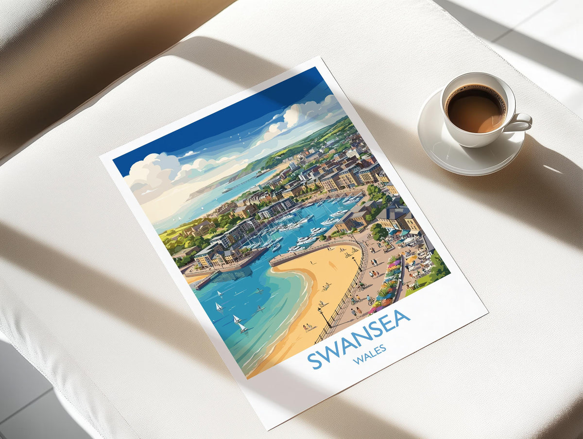 Swansea Print, Mumbles Wall Art with Border, Welsh Coast Poster, Wales Travel Print, Swansea Gift Print