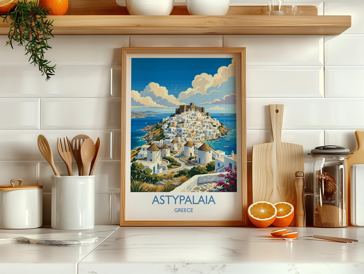 Astypalaia Greece Print, Chora Windmills Wall Art with Border, Greek Island Poster, Dodecanese Travel Print, Astypalaia Gift Print