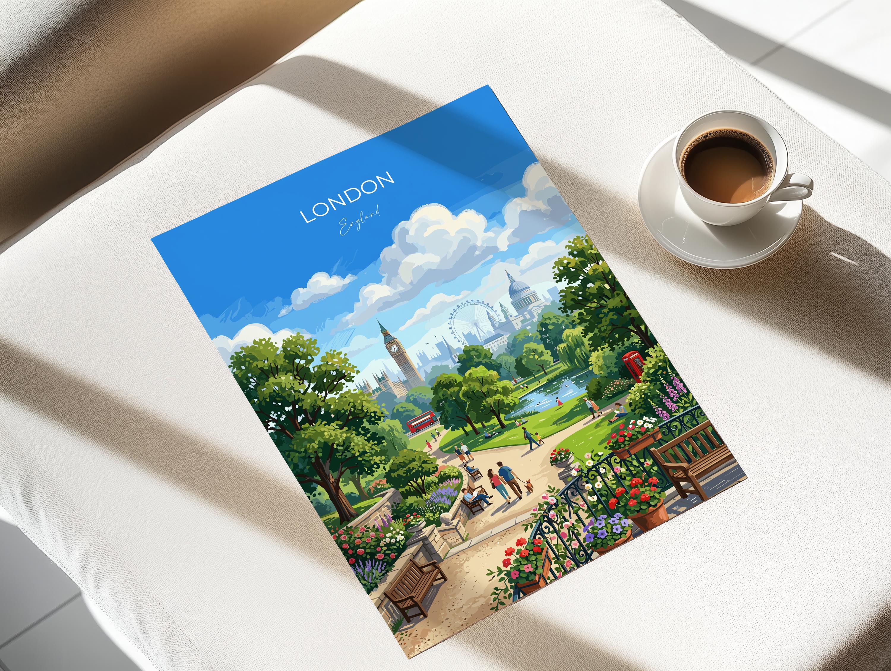 London Skyline Travel Poster, Big Ben & London Eye Wall Art, St Paul’s Cathedral Print, London Park Scene Illustration, Vintage Style UK NQ Media Designs