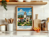 Santa Barbara Travel Print, California Wall Art with Border, Santa Barbara Courthouse Poster, Spanish Colonial Art Print, California Gift