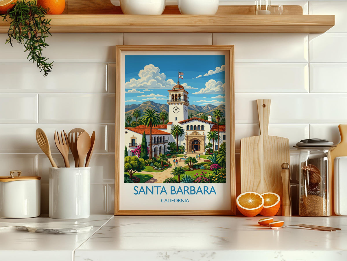 Santa Barbara Travel Print, California Wall Art with Border, Santa Barbara Courthouse Poster, Spanish Colonial Art Print, California Gift
