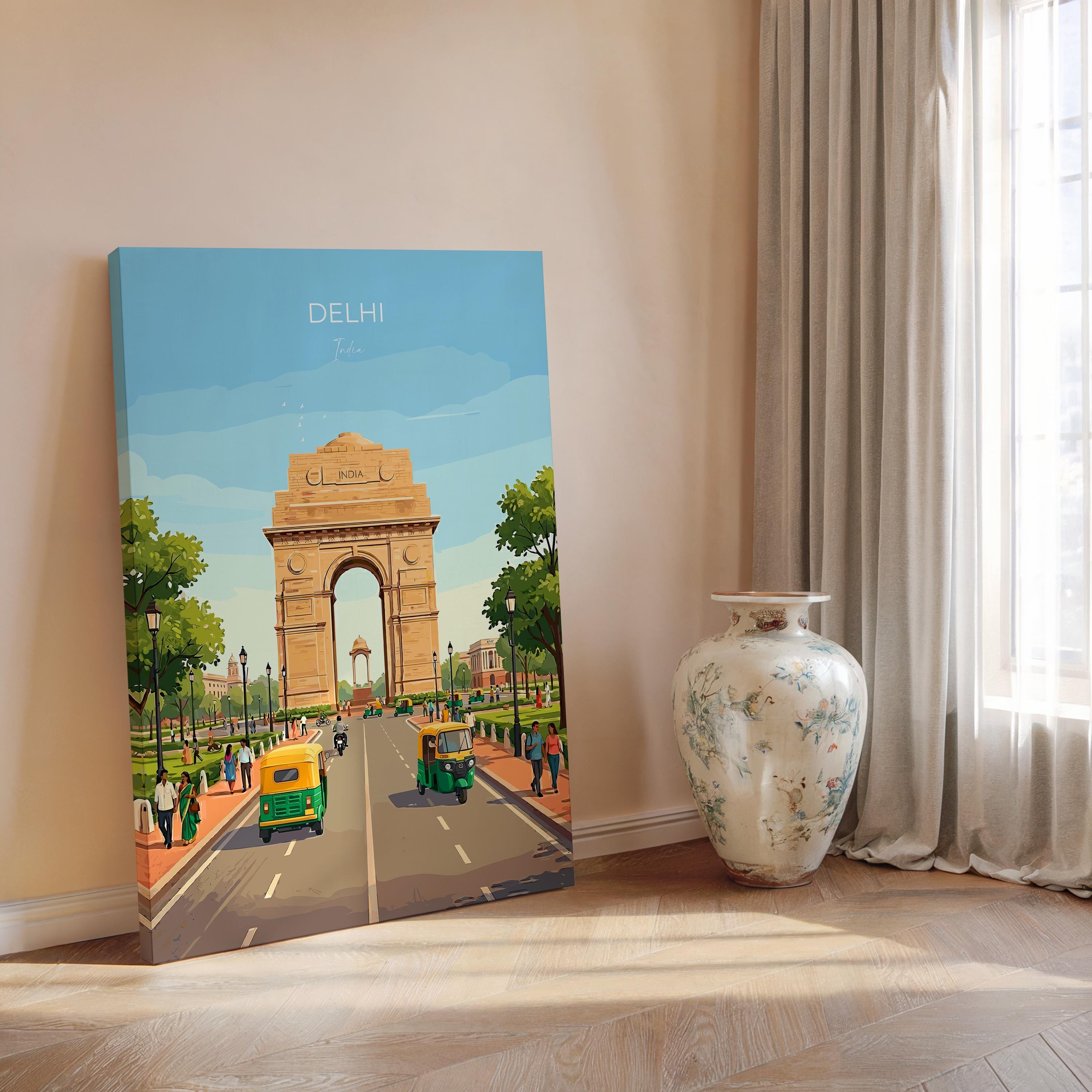 Delhi India Travel Print, India Gate Wall Art, New Delhi Landmark Poster, Historic Monument Illustration, Vintage Style Asia, India Gift
