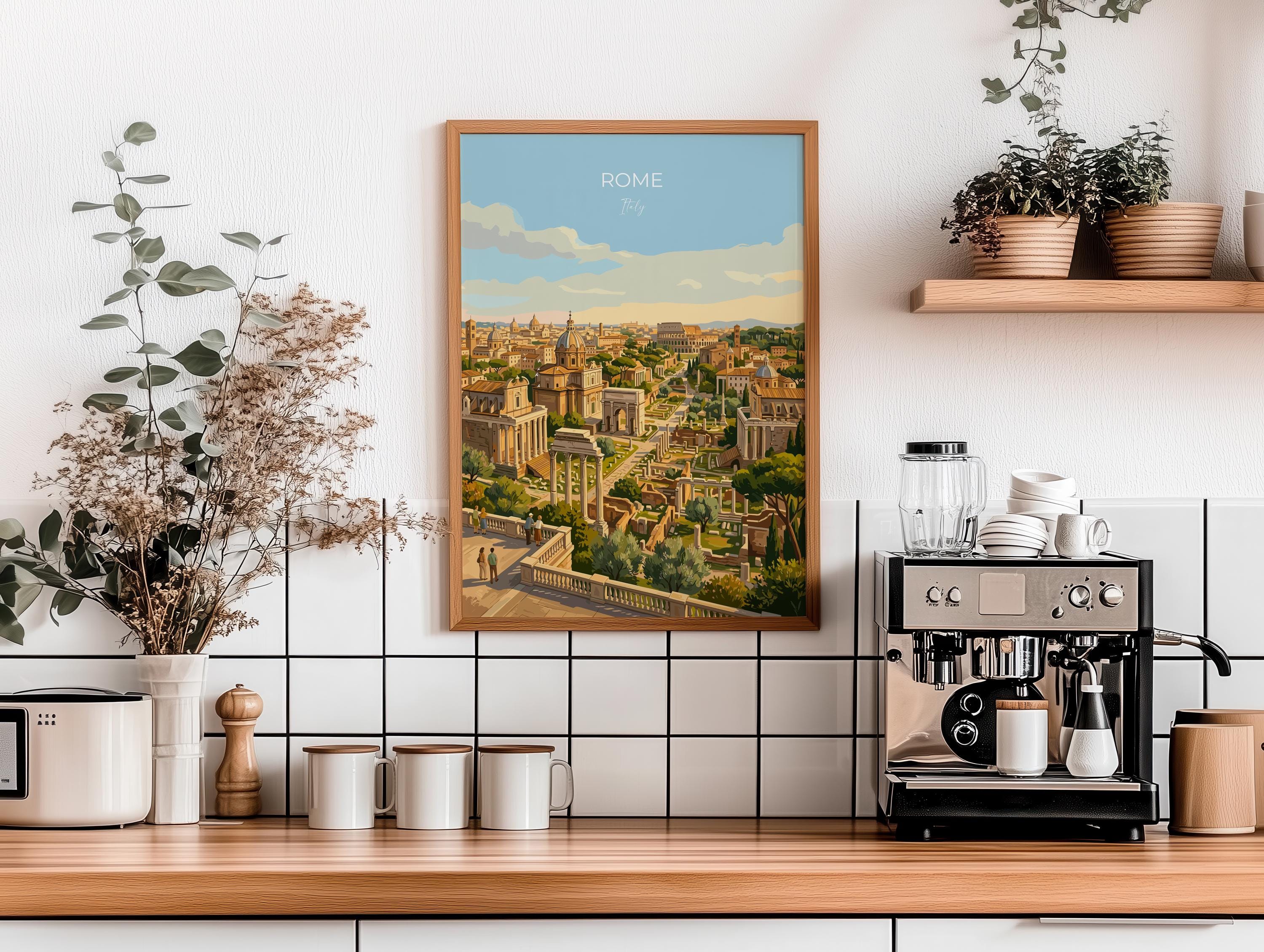 Rome Forum Travel Poster, Roman Forum Ruins Wall Art, Ancient Rome Landscape Print, Historic Architecture Illustration, Italy Decor