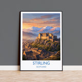 Stirling Castle Scotland Travel Poster, Scottish Highlands Wall Art, Stirling Sunset Landscape Print, Historic Castle Illustration, UK Decor