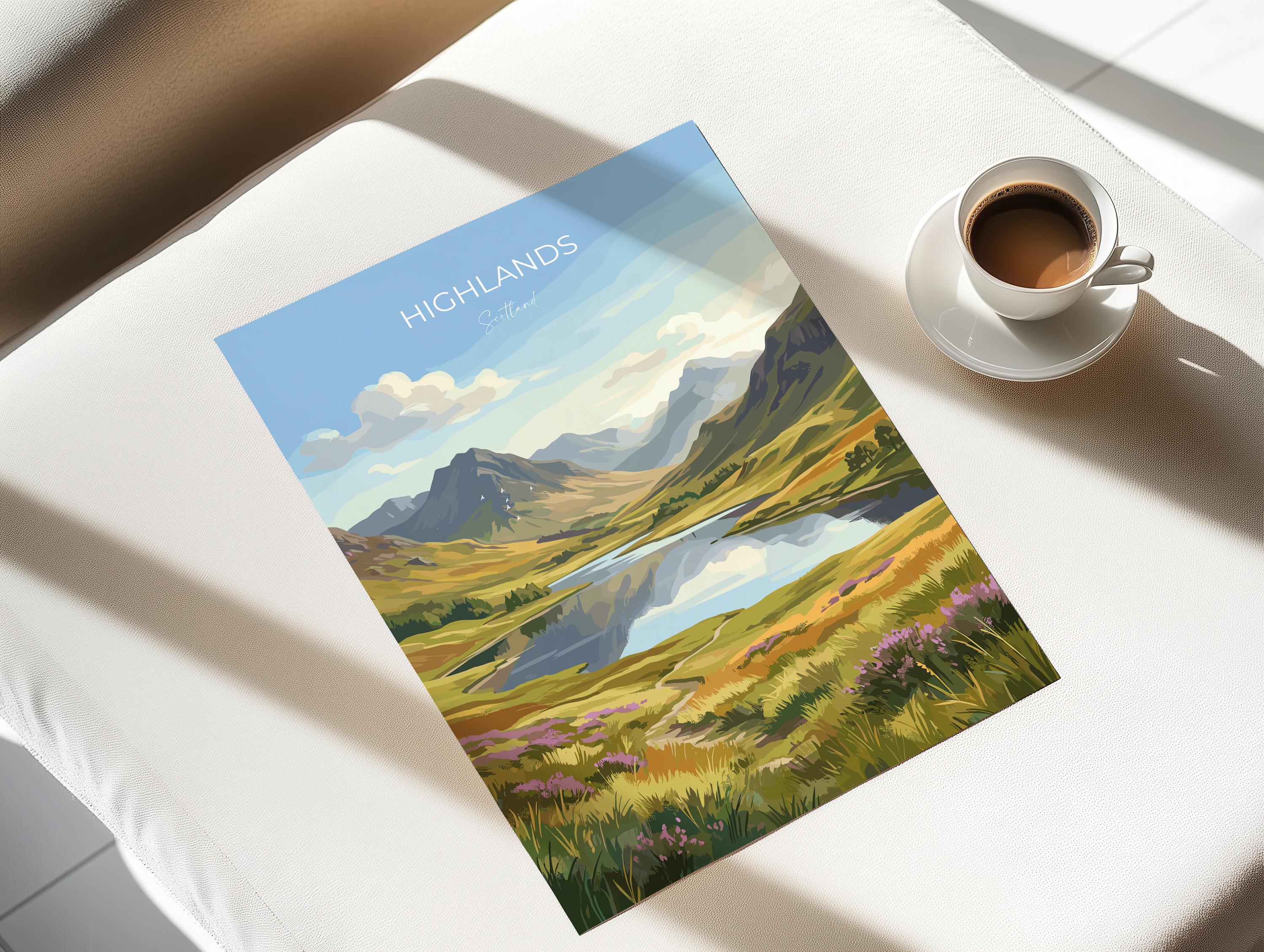 Scottish Highlands Travel Poster, Scotland Landscape Wall Art, Mountain & Loch Print, Dramatic Nature Illustration, UK Decor, Scotland Gift