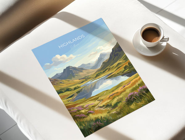 Scottish Highlands Travel Poster, Scotland Landscape Wall Art, Mountain & Loch Print, Dramatic Nature Illustration, UK Decor, Scotland Gift