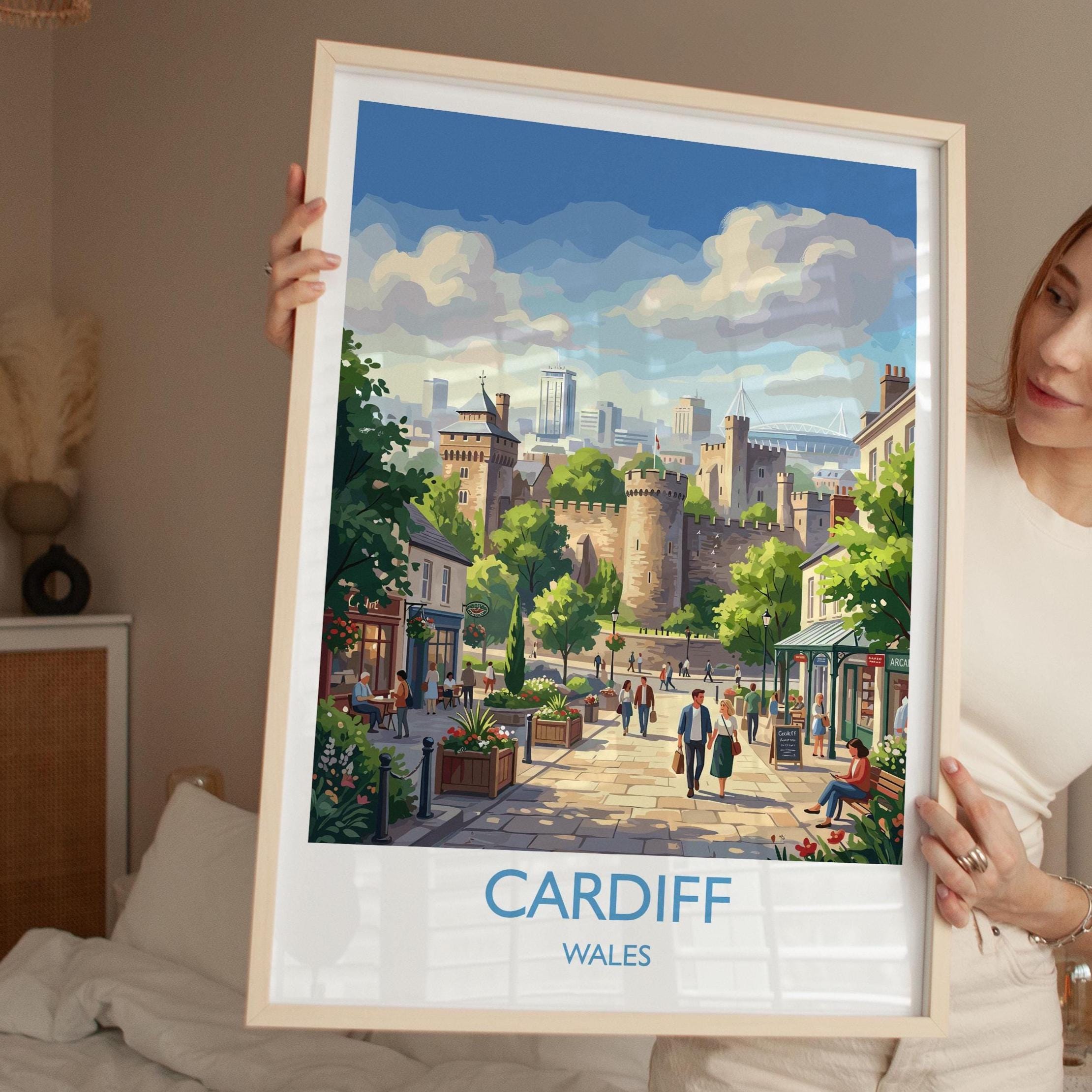 Cardiff Wales Travel Poster, Cardiff City Wall Art, Cardiff Castle Print, Welsh Capital Illustration, Vintage Style UK City, Wales Gift NQ Media Designs