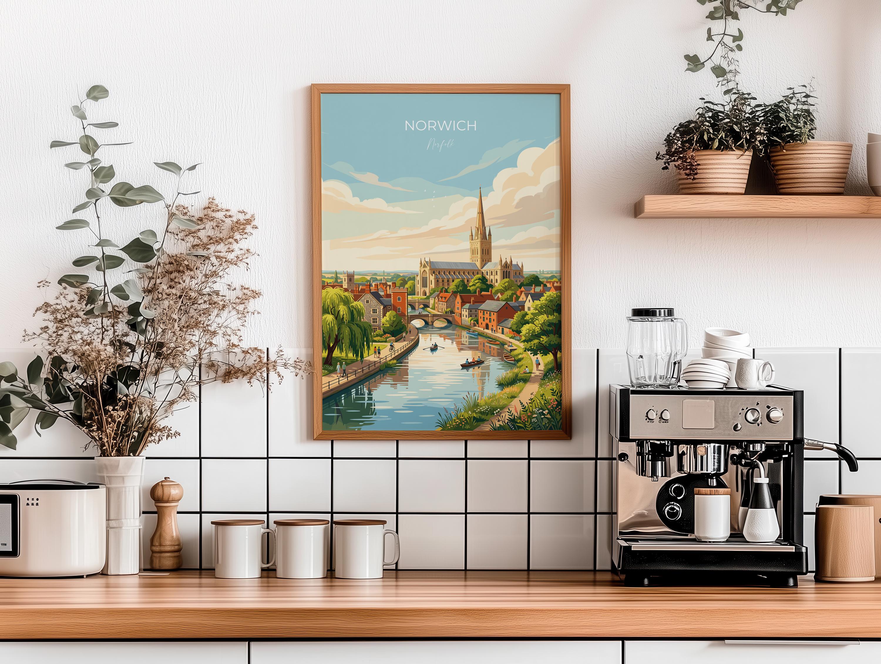 Norwich Norfolk Poster, Historic Cathedral City Wall Art, English City Travel Print, Norfolk Decor, UK Gift