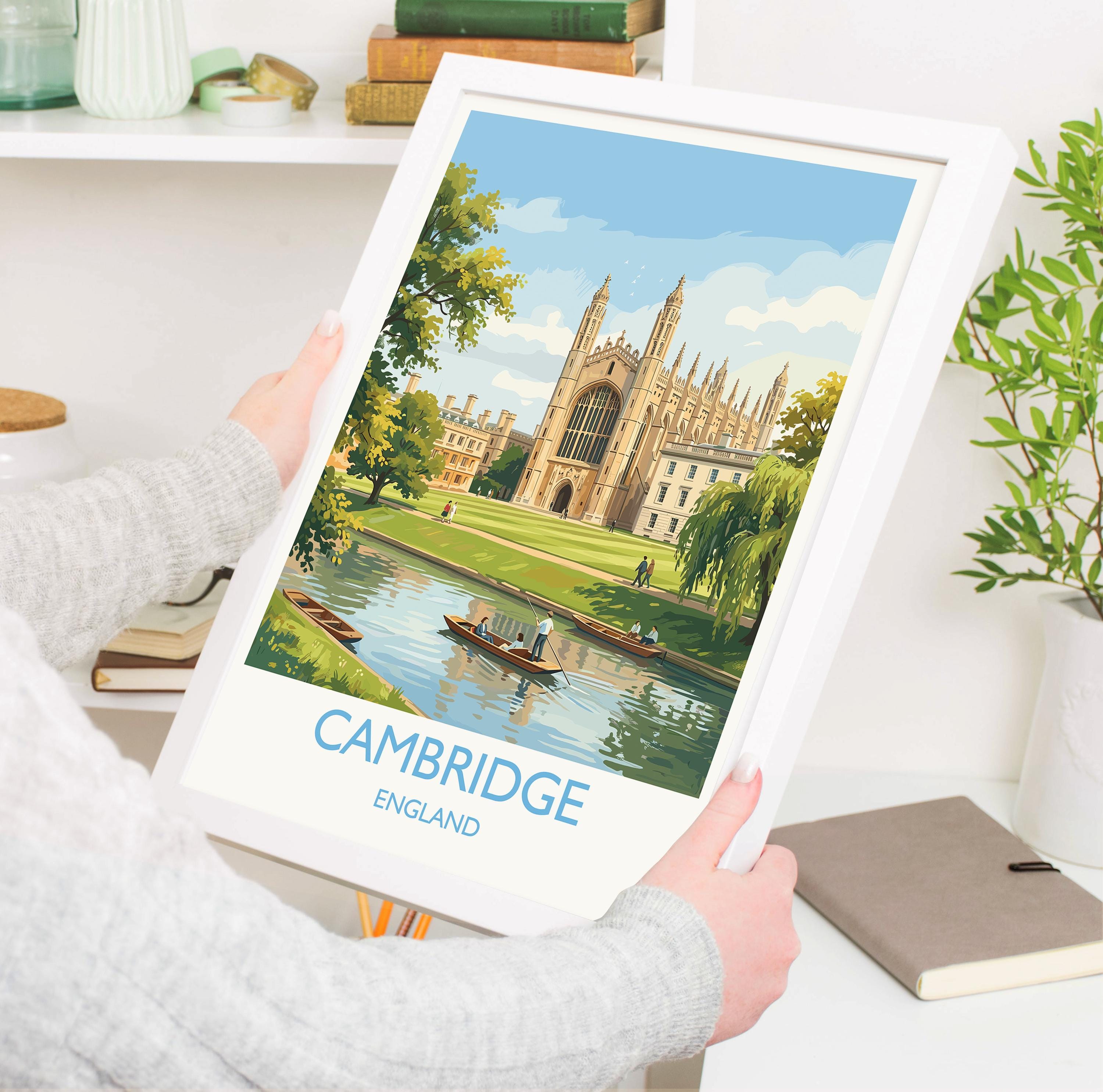 Cambridge Travel Poster, Kings College Cambridge Wall Art, River Cam Punting Scene Print, Historic University Illustration, UK Vintage Style NQ Media Designs