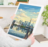 Canary Wharf London Travel Print, Royal Victoria Dock Wall Art, London Skyline Poster, O2 & Cable Car, East London Travel Poster