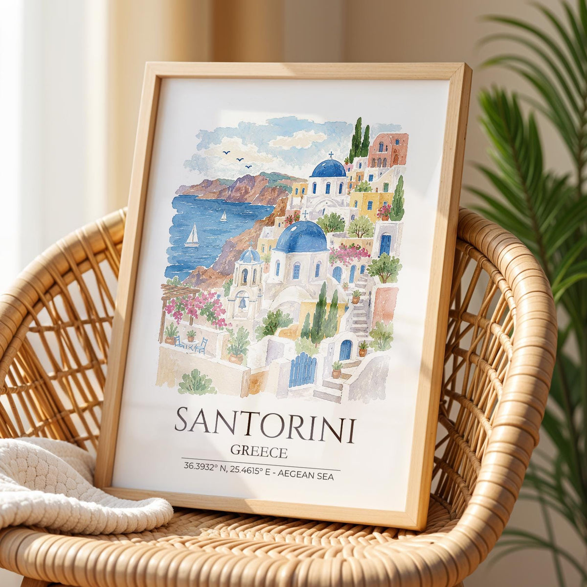 Santorini Greece Watercolour Print, Oia Sunset Wall Art, Blue Dome Church Poster, Aegean Sea Print, Greek Island Watercolour