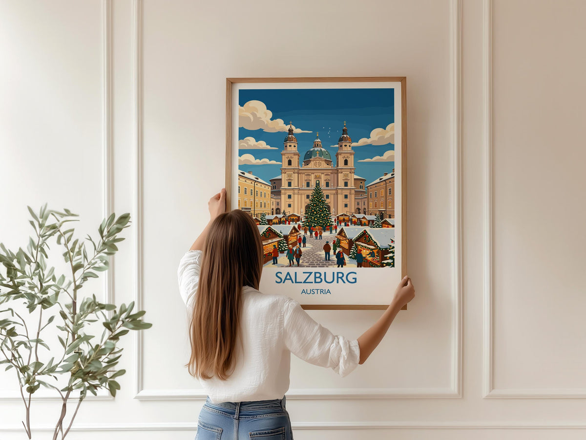 Salzburg Christmas Market Print, Austria Winter Wall Art with Border, Salzburg Cathedral Poster, Austrian Travel Print, Salzburg Gift