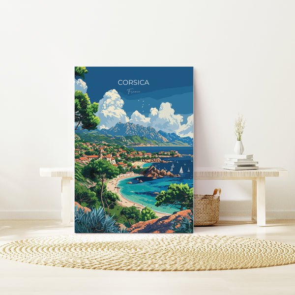 a painting of a beach with a mountain in the background