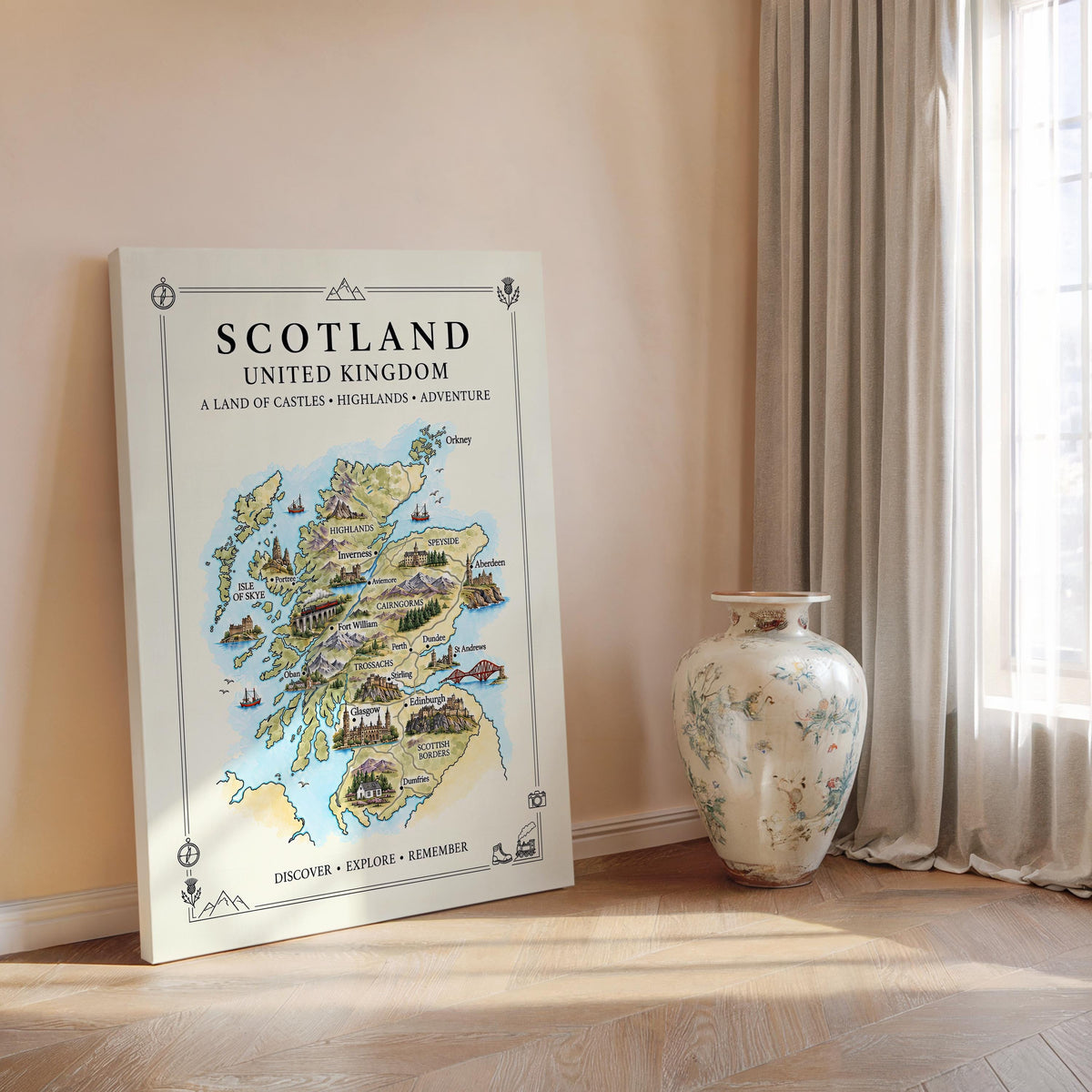 Scotland Illustrated Map Print, UK Wall Art, Highlands Map Poster, Framed or Canvas Print, Scotland Gift Print