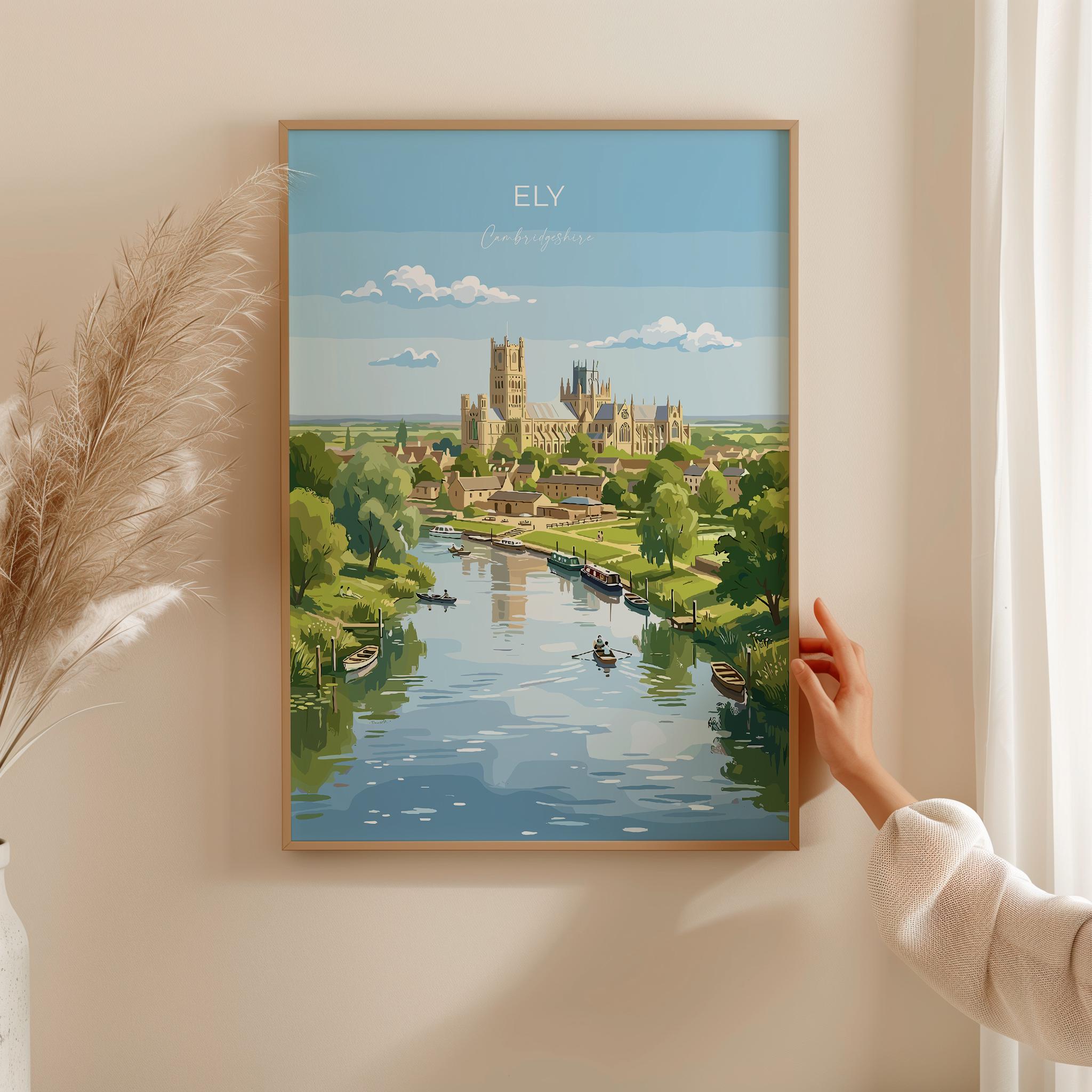 Ely Cathedral Travel Poster, Ely Cambridgeshire Wall Art, Historic England City Print, Gothic Cathedral Illustration, UK Decor, Ely Gift