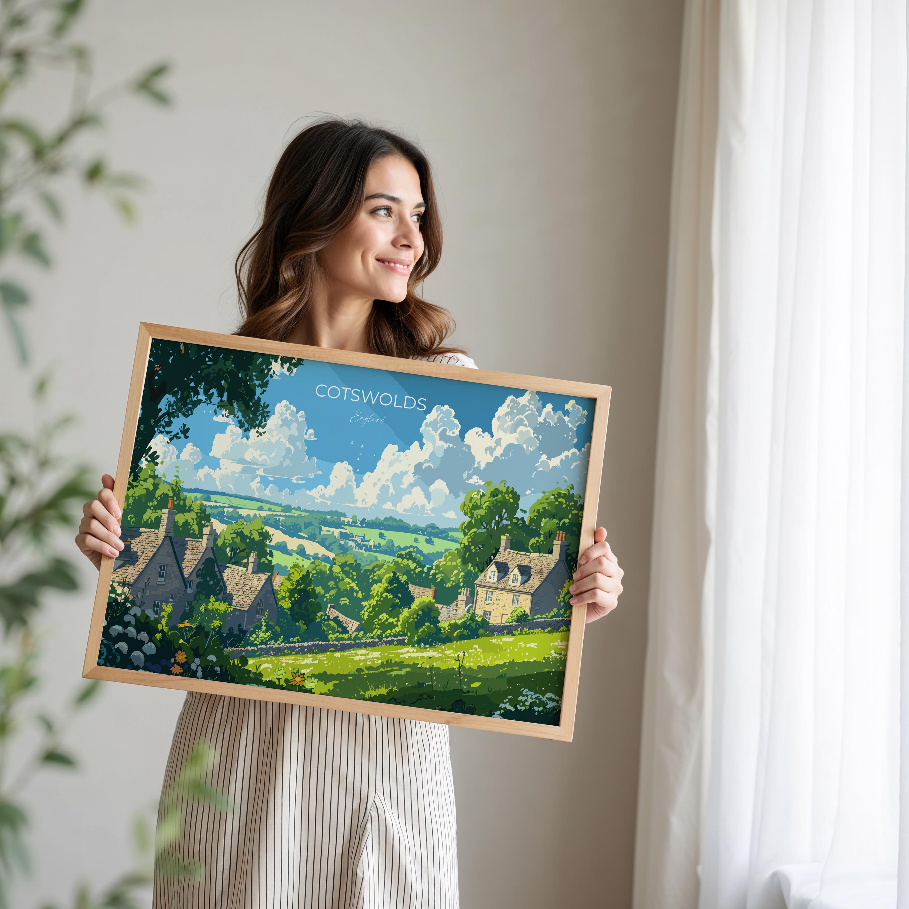 Cotswolds Landscape Travel Poster Wall Art, Travel Print of Cotswolds, Cotswolds Art Lovers Gift, English Countryside NQ Media Designs