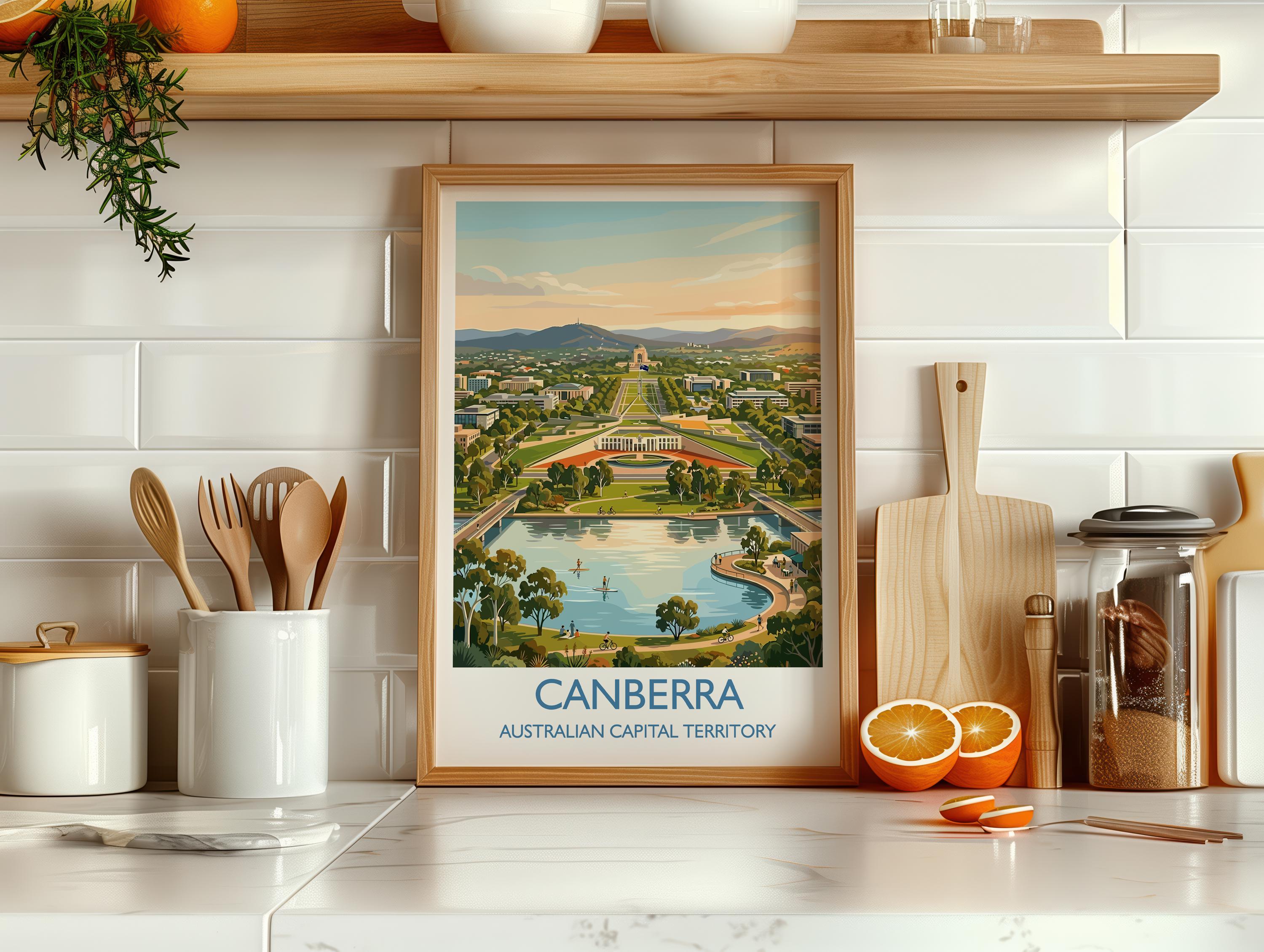 Canberra Australia Travel Poster, Parliament House Wall Art, Australian Capital City Print, Lake Burley Griffin Illustration, Australia Art
