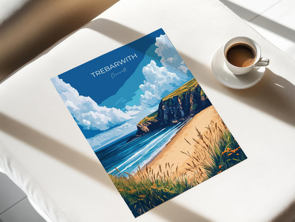 Trebarwith Travel Poster, Travel Print of Trebarwith, England, Cornwall Art, Trebarwith Art Lovers Gift, Wall Art Print