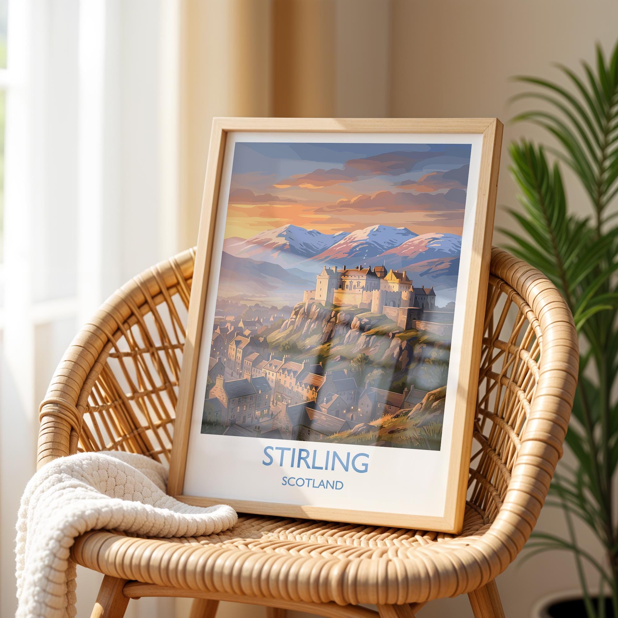 Stirling Castle Scotland Travel Poster, Scottish Highlands Wall Art, Stirling Sunset Landscape Print, Historic Castle Illustration, UK Decor