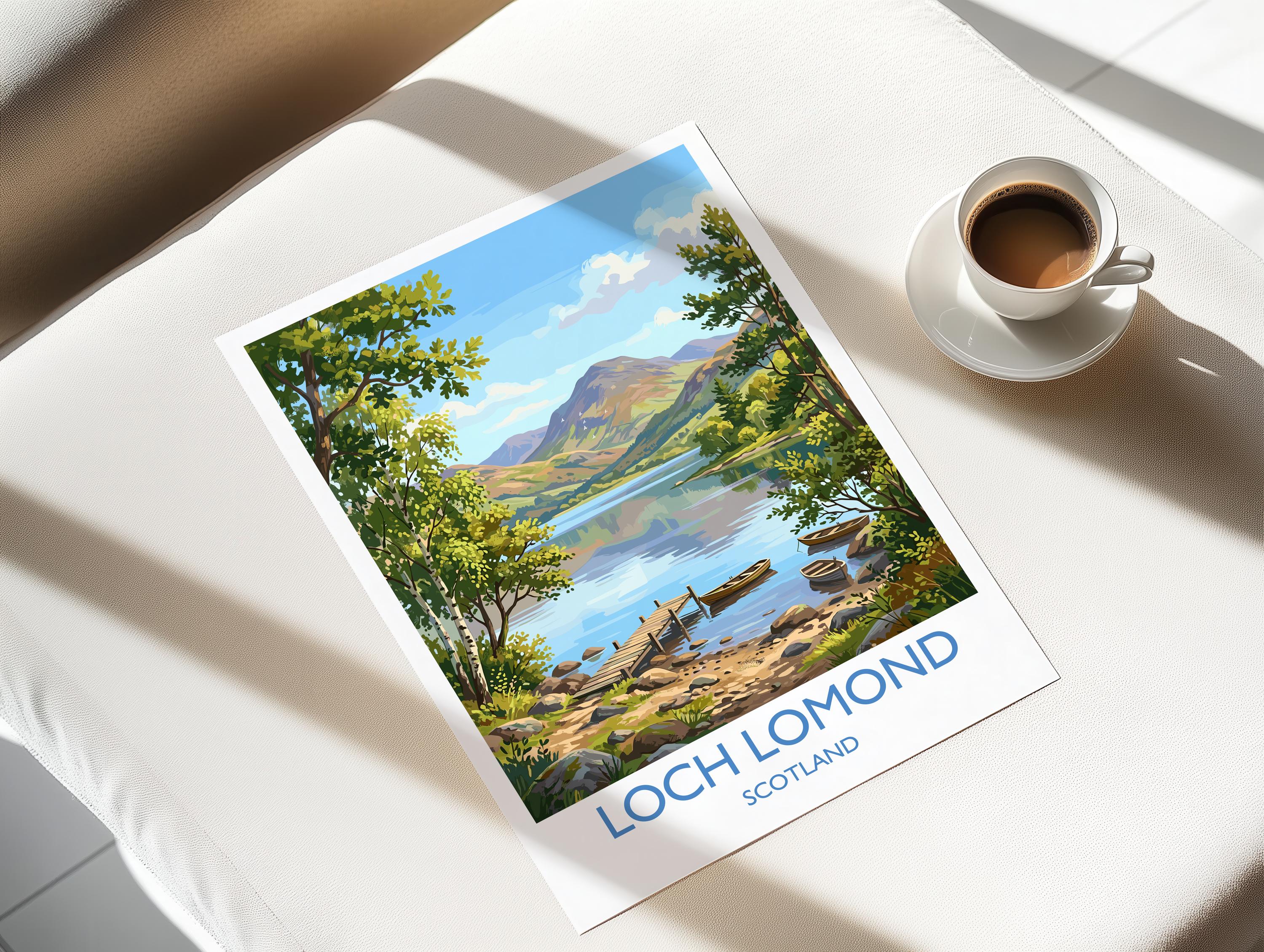 Loch Lomond Scotland Travel Poster, Scottish Highlands Wall Art, Scenic Loch Landscape Print, Nature Illustration, UK Decor, Scotland Gift