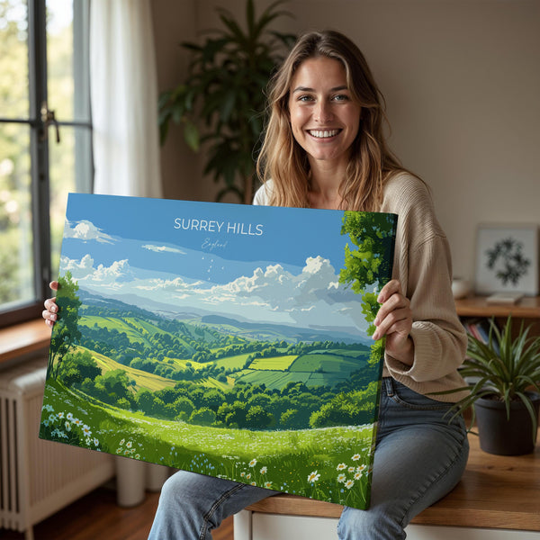 Surrey Hills Landscape Travel Poster Wall Art, Surrey Hills Travel Print, English Countryside Art Gift, Wall Art Print