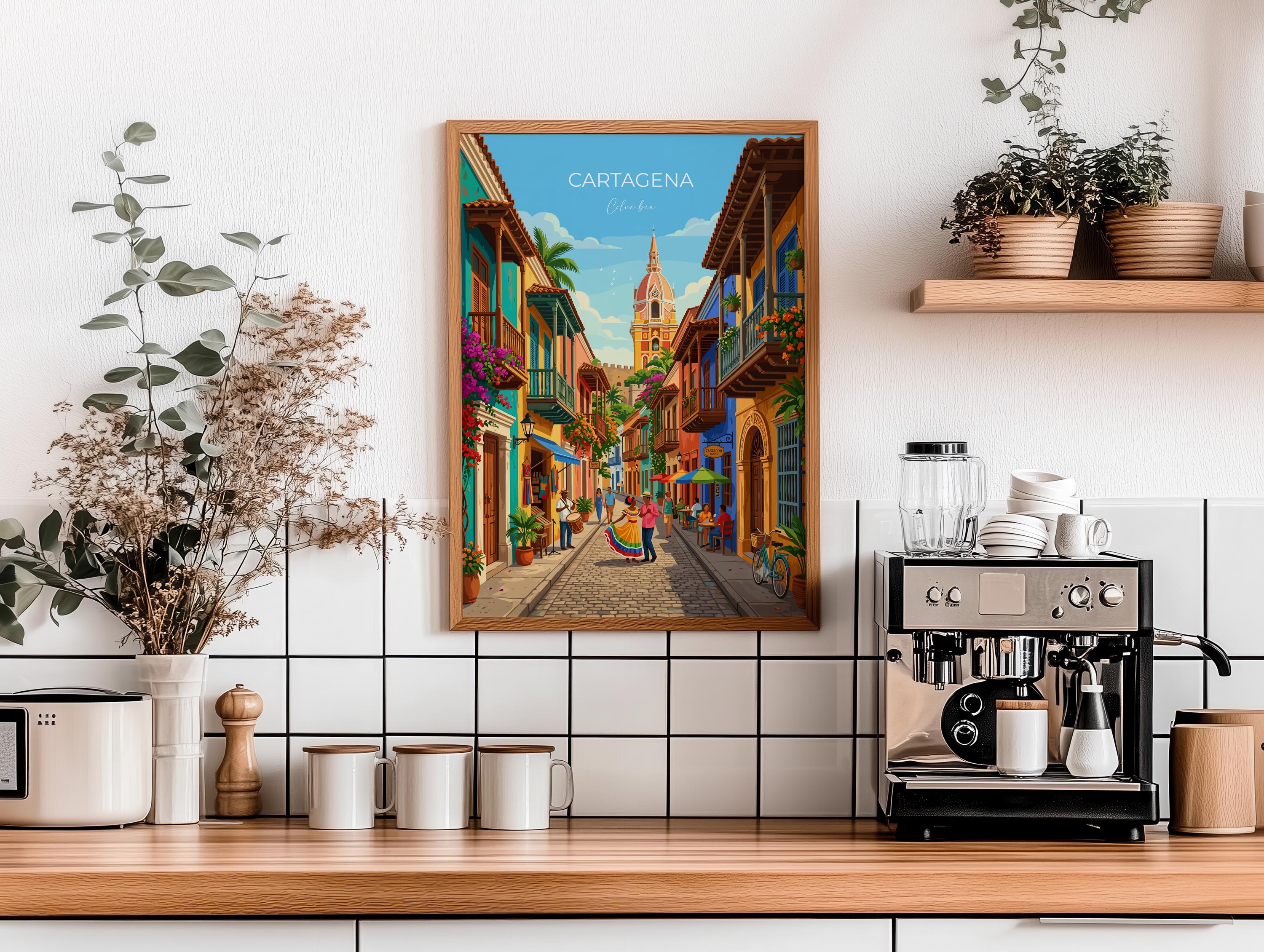 Cartagena Colombia Travel Print, Colourful Old Town Street Art, Cartagena Street Scene Poster, Caribbean Travel Wall Art, Vintage Style