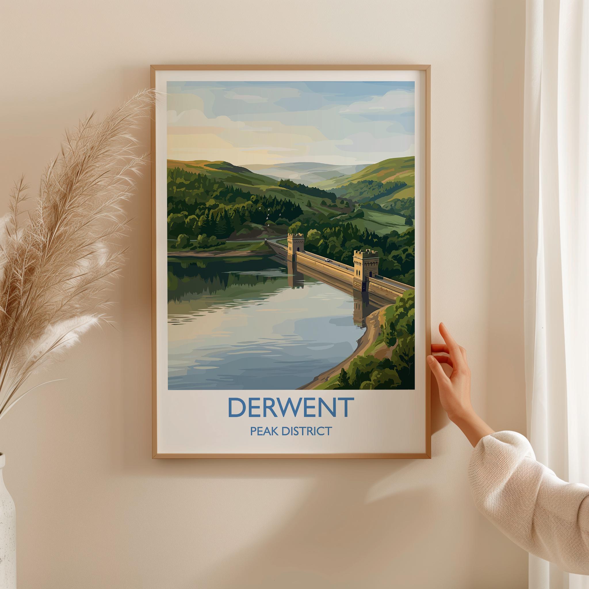 Derwent Reservoir Dam Travel Poster, Peak District Wall Art, Ladybower Dam Print, Derbyshire Landscape Illustration, UK Nature Decor NQ Media Designs