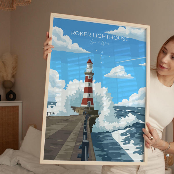 Roker Lighthouse Travel Poster Wall Art, Travel Print of Roker Pier Lighthouse, Sunderland, Northern England, Tyne & Wear Art Gift