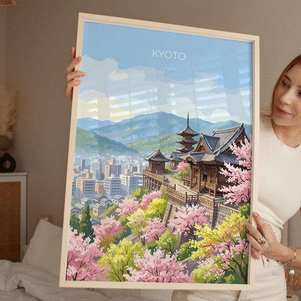 Kyoto Japan Travel Print, Cherry Blossom Temple Wall Art, Japanese Landscape Poster, Sakura Illustration, Asia Decor, Kyoto Gift