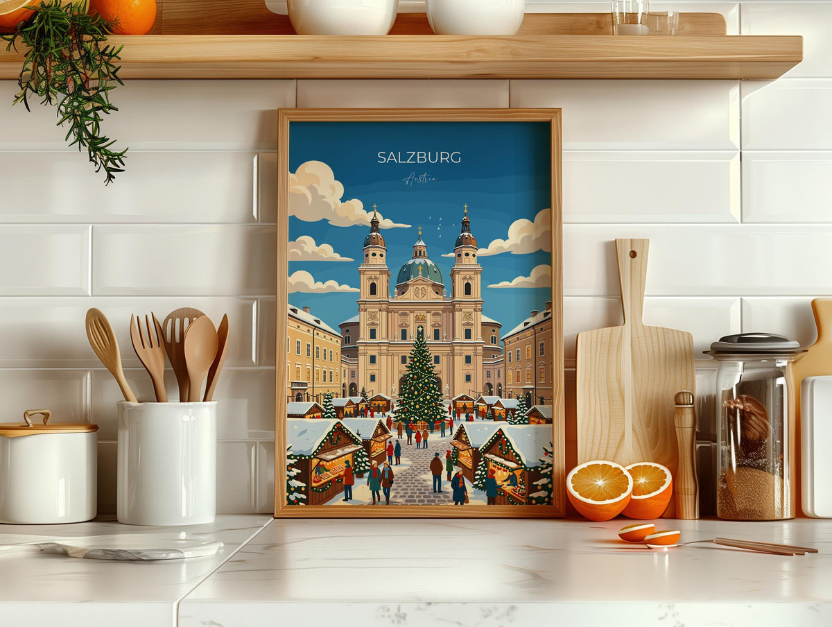 Salzburg Christmas Market Poster, Austria Winter Wall Art, Salzburg Cathedral Print, Austrian Festive Travel Poster, Salzburg Gift