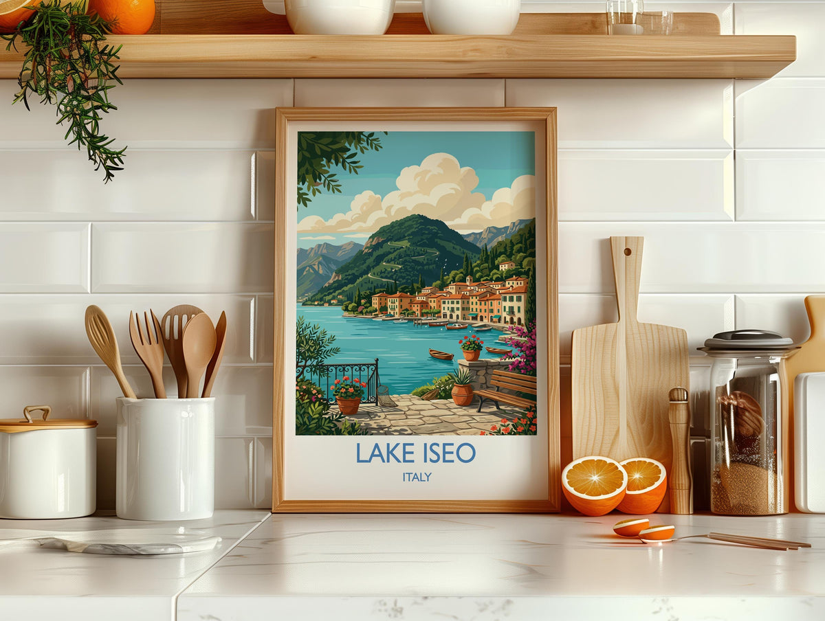 Lake Iseo Italy Print, Italian Lakes Wall Art with Border, Lombardy Poster, Lakeside Village Print, Iseo Gift