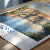 Rome Tiber River Travel Poster, Rome Skyline Wall Art, Historic Bridge & Cityscape Print, Italy Landscape Illustration, Europe Decor
