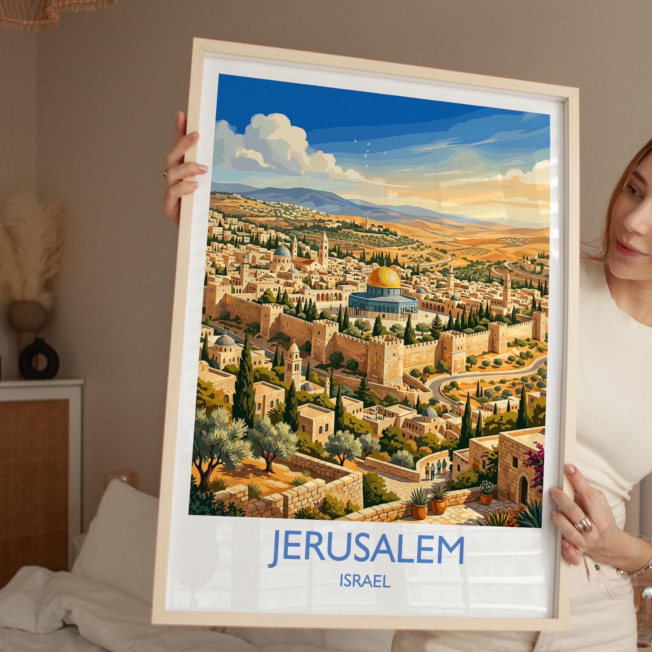 Jerusalem Israel Travel Poster, Old City Wall Art, Dome of the Rock Print, Jerusalem Skyline Illustration, Historic Middle East Decor