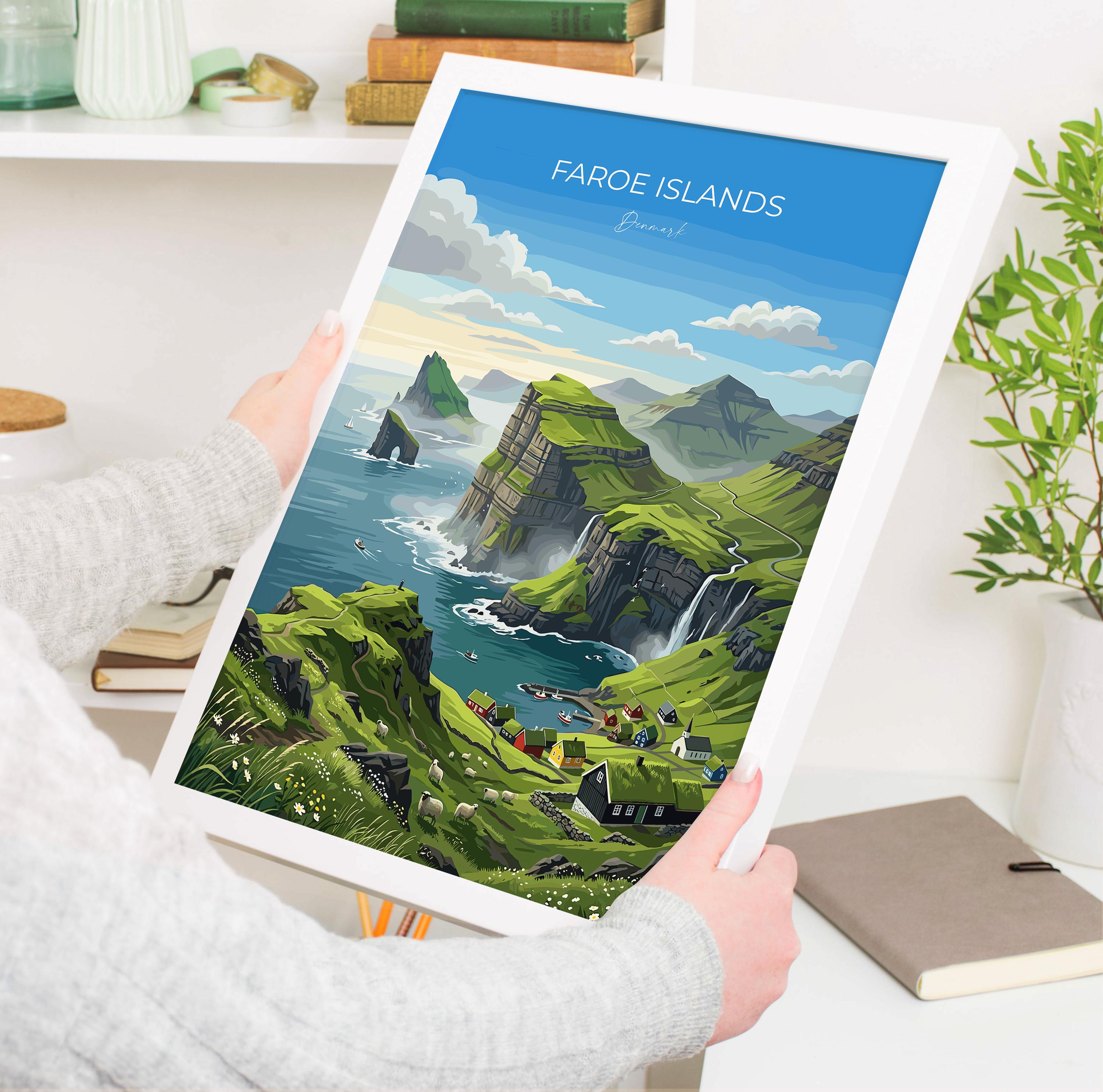 Faroe Islands Denmark Travel Print, Faroe Islands Wall Art, Nordic Landscape Poster, Dramatic Cliffs & Villages, Scandinavian Travel Decor