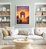 Delhi India Travel Print, India Gate Wall Art, New Delhi Landmark Poster, Monument Sunset Illustration, Vintage Style Asia, India Gift