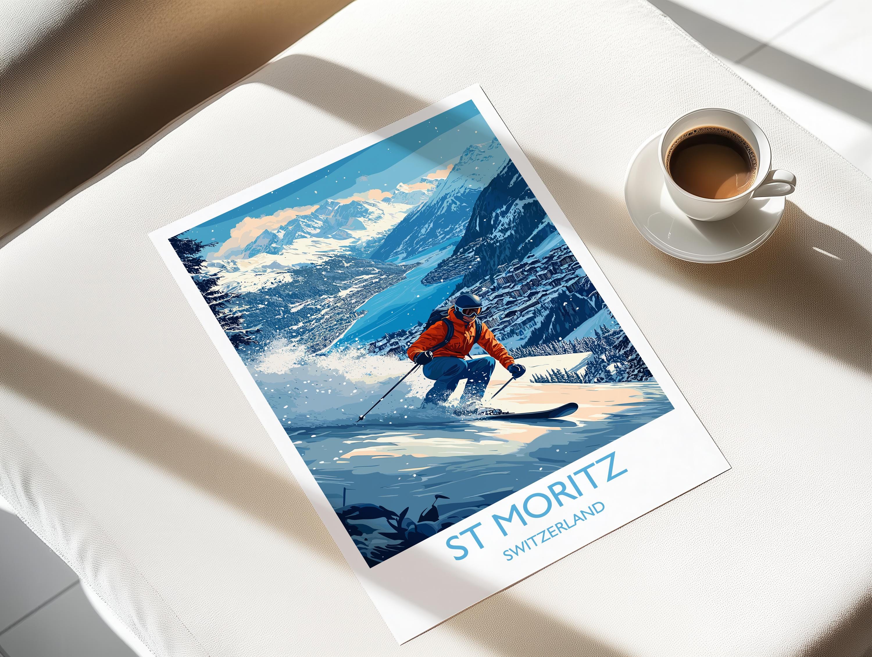 St Moritz Wall Art Travel Poster, Travel Print of St Moritz, Ski Poster, Switzerland Alps Art Travel Lovers Gift NQ Media Designs