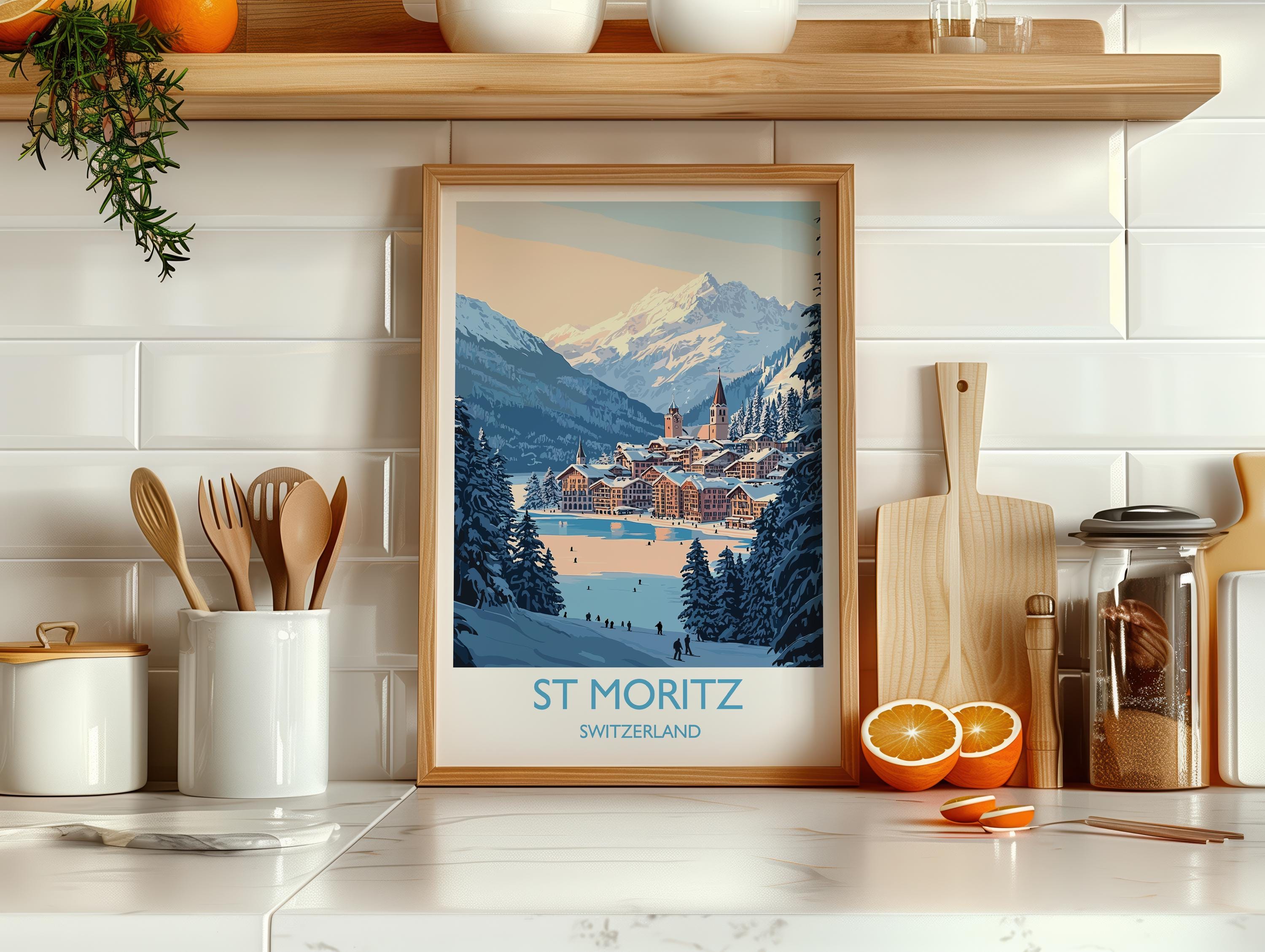 St Moritz Wall Art Travel Poster, Travel Print of St Moritz, Ski Poster, Switzerland Alps Art Travel Lovers Gift NQ Media Designs