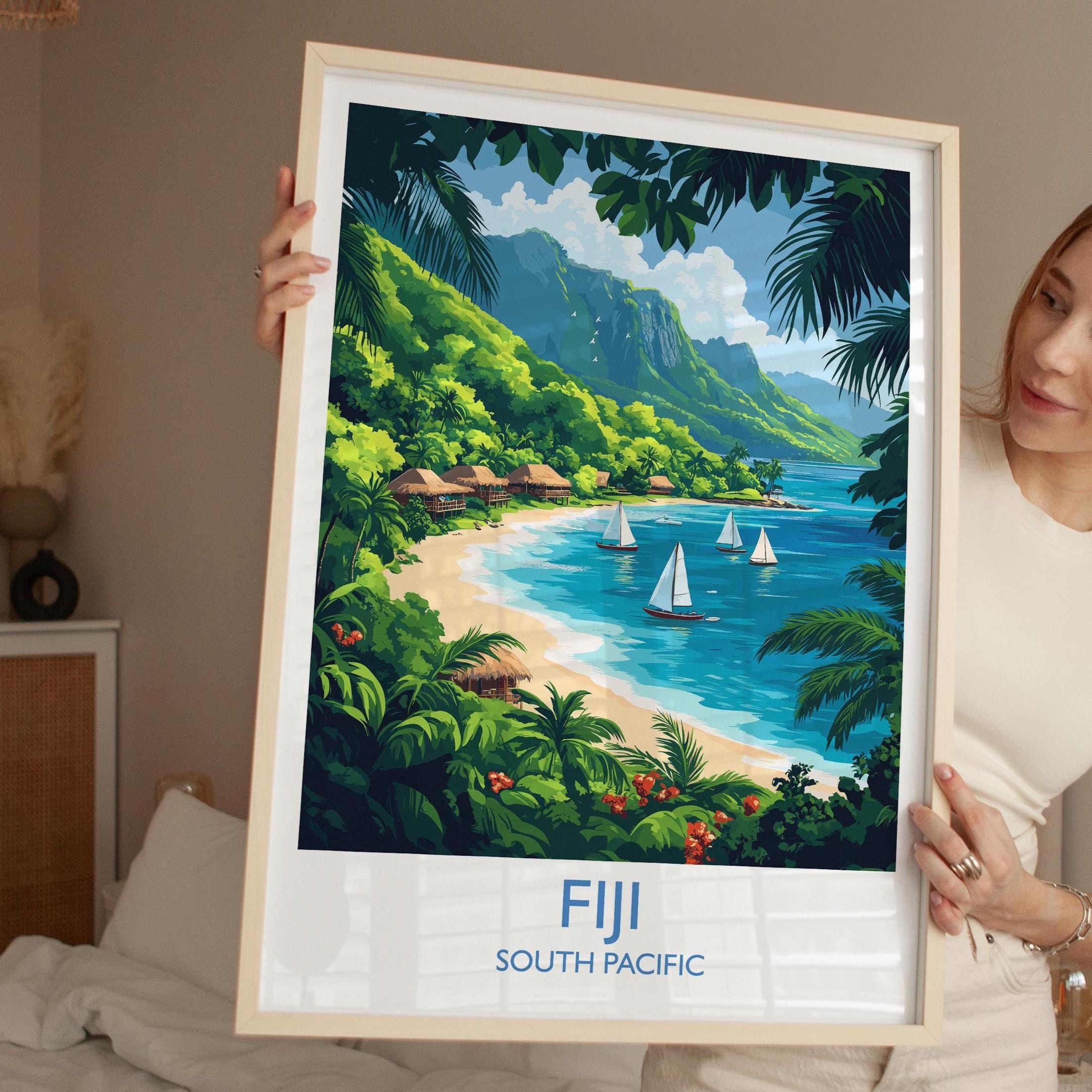 Fiji Travel Poster Wall Art, Travel Print of Fiji, South Pacific Islands Art Lovers Gift NQ Media Designs