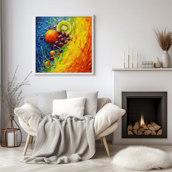 a cozy living room with a fireplace, a comfortable sofa, and a vibrant painting of fruits hanging on the wall.