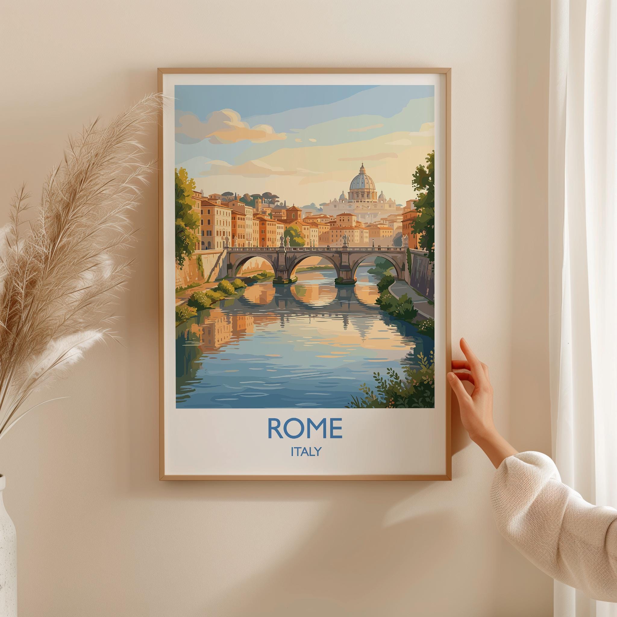 Rome Tiber River Travel Poster, Rome Skyline Wall Art, Historic Bridge & Cityscape Print, Italy Landscape Illustration, Europe Decor