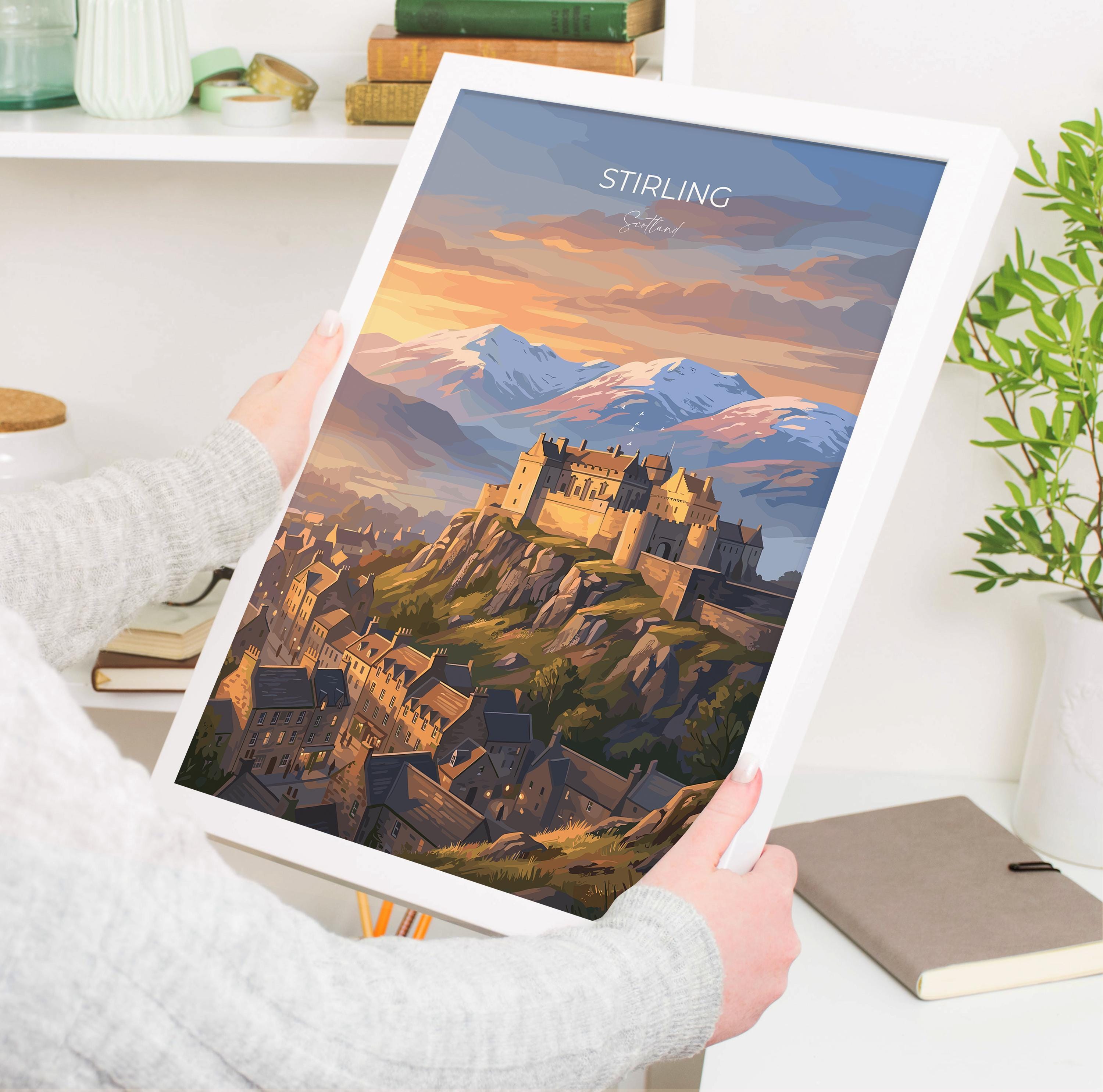 Stirling Castle Scotland Travel Print, Scottish Highlands Wall Art, Stirling Sunset Landscape Poster, Historic Castle Illustration, UK Decor