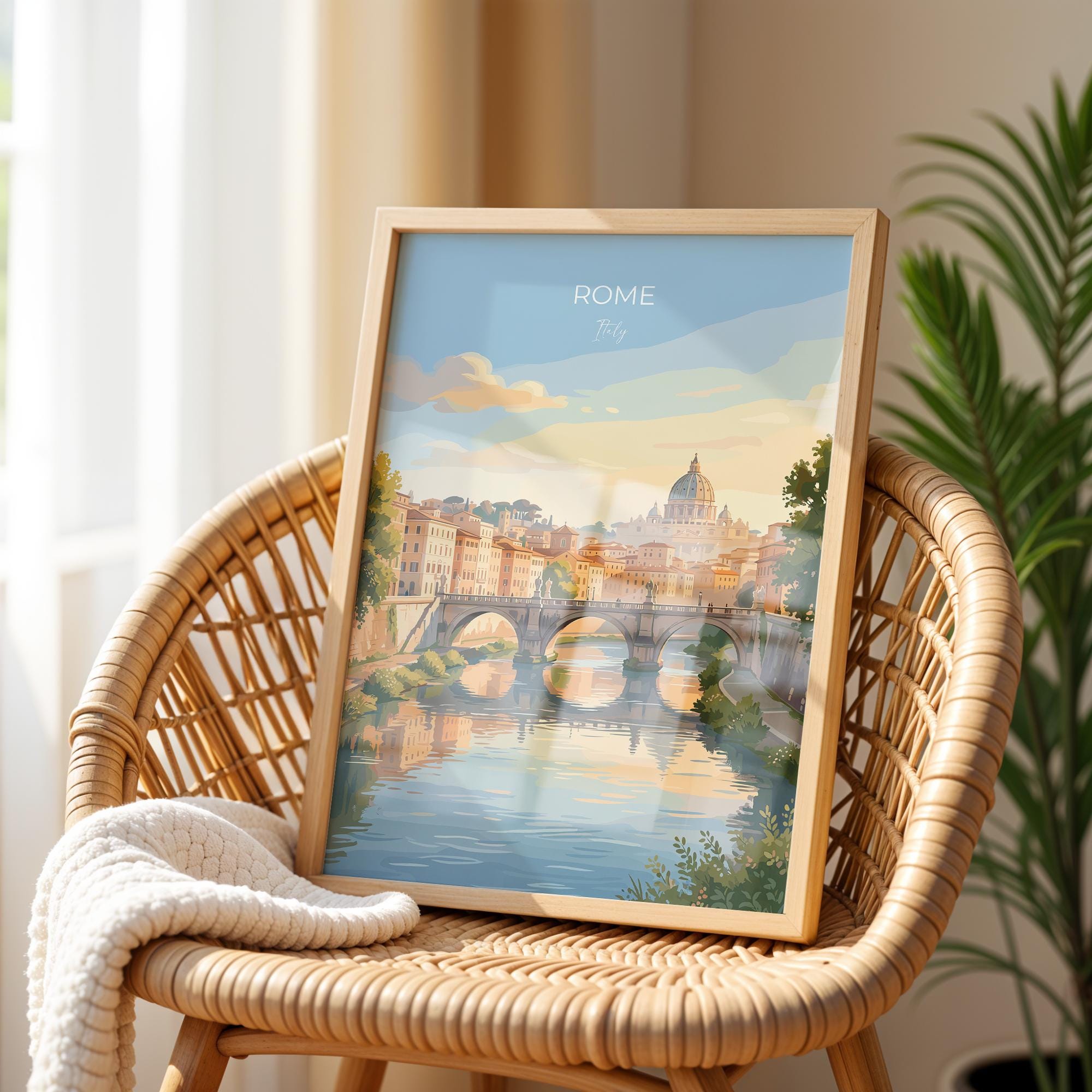Rome Tiber River Travel Print, Rome Skyline Wall Art, Historic Bridge & Cityscape Poster, Italy Landscape Illustration, Europe Decor