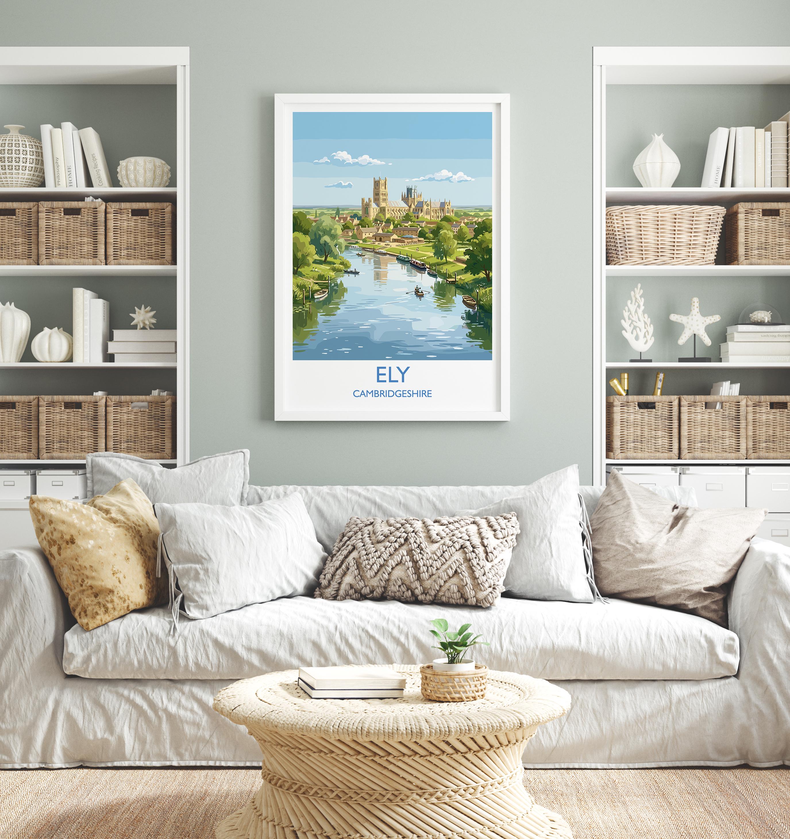 Ely Cathedral Travel Poster, Ely Cambridgeshire Wall Art, Historic England City Print, Gothic Cathedral Illustration, UK Decor, Ely Gift