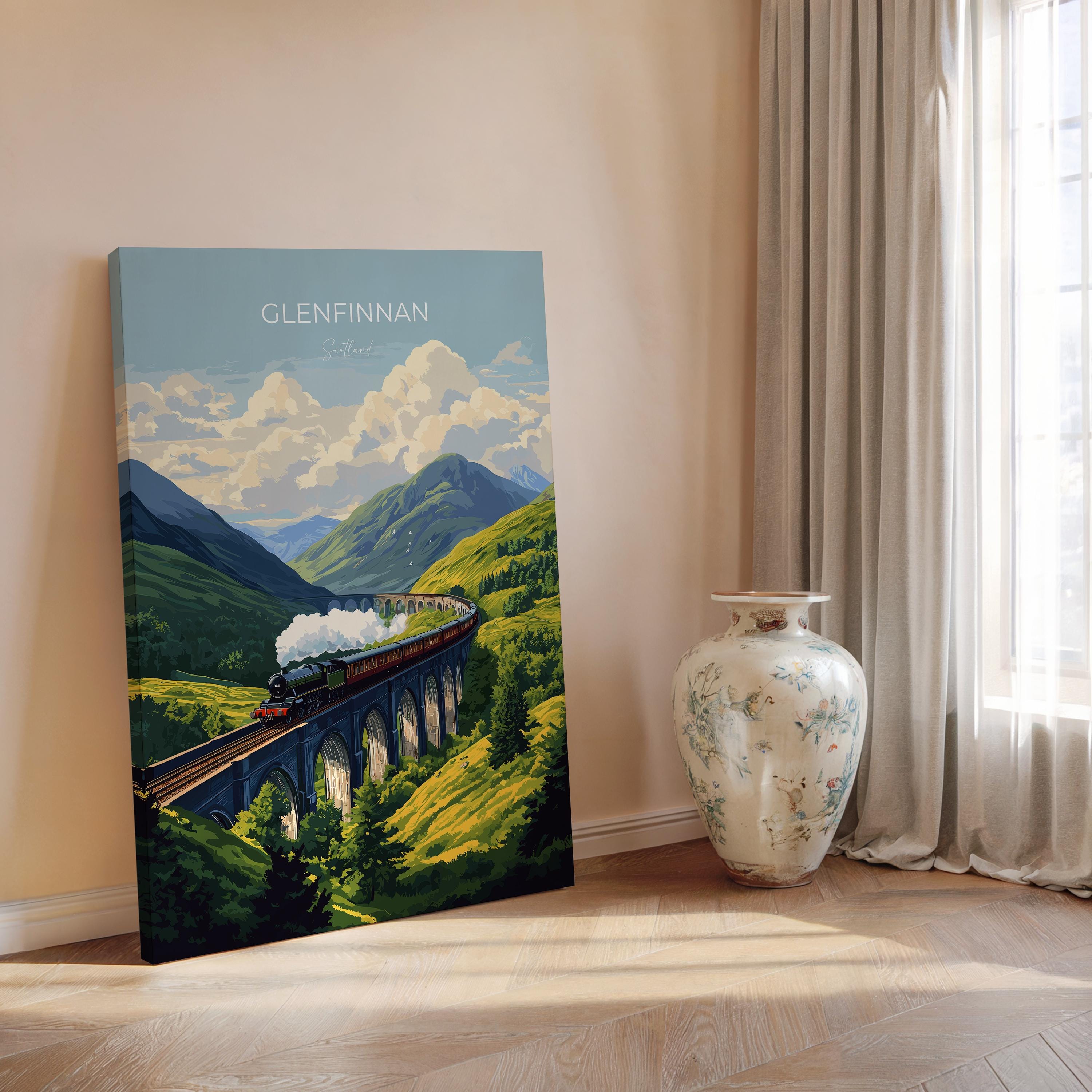Glenfinnan Viaduct Travel Poster Wall Art, Scottish Highlands Art, Railway Bridge Print, Scotland Landscape, Steam Train Decor Artwork NQ Media Designs